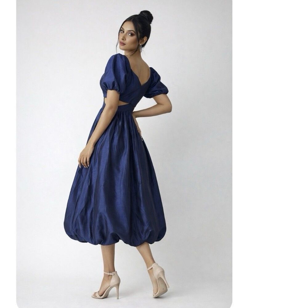 Lulus Exceptionally Charming Midi Dress Navy Blue S Satin Puff Sleeve Coquette